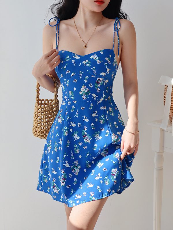 Blue Floral Spaghetti Strap Dress for Women - Summer A-Line Shoulder Tie Vacation Style, European American Fashion