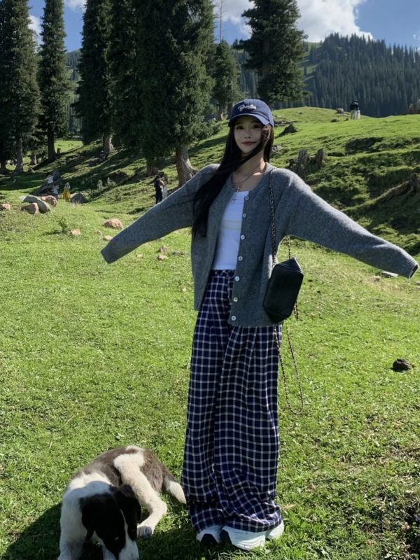 Blue Plaid Casual Pants for Women - Straight Leg, Floor-Length, Spring Autumn Style, Inspired by Zhao Lusi, Y2K Fashion