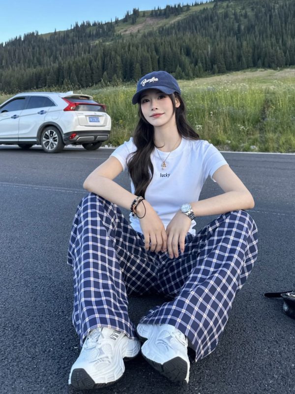 Blue Plaid Casual Pants for Women - Straight Leg, Floor-Length, Spring Autumn Style, Inspired by Zhao Lusi, Y2K Fashion