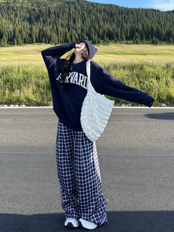 Blue Plaid Casual Pants for Women - Straight Leg, Floor-Length, Spring Autumn Style, Inspired by Zhao Lusi, Y2K Fashion