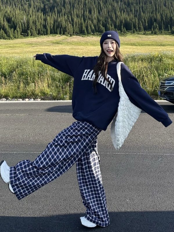 Blue Plaid Casual Pants for Women - Straight Leg, Floor-Length, Spring Autumn Style, Inspired by Zhao Lusi, Y2K Fashion