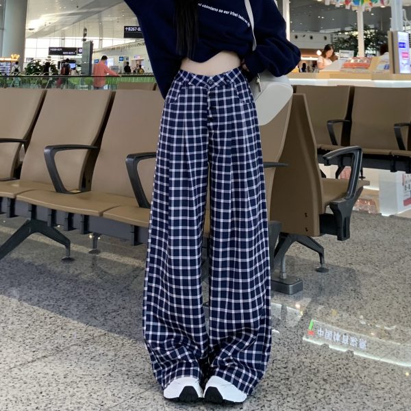 Blue Plaid Casual Pants for Women - Straight Leg, Floor-Length, Spring Autumn Style, Inspired by Zhao Lusi, Y2K Fashion