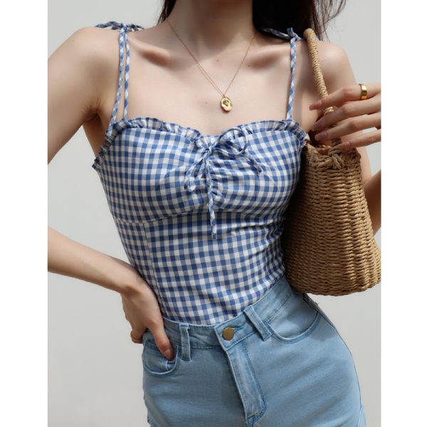 Blue Plaid Lace-Trimmed Camisole with Front Tie, Slim Fit and Pleated Back - Fresh Girl 90s Inspired Top