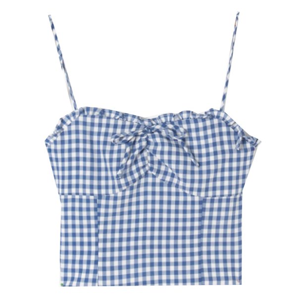 Blue Plaid Lace-Trimmed Camisole with Front Tie, Slim Fit and Pleated Back - Fresh Girl 90s Inspired Top