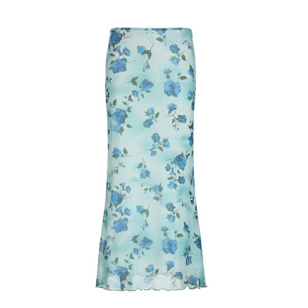 Blue Rose Printed Tulle Vintage Midi Skirt - Elegant Long Skirt for Spring - Trendy Floral Design, Perfect for 90s and Y2K Styles