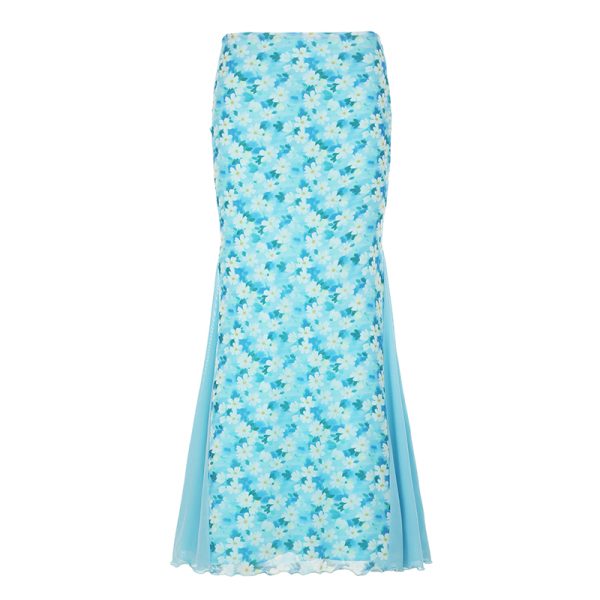 Blue Rose Printed Tulle Vintage Midi Skirt - Elegant Long Skirt for Spring - Trendy Floral Design, Perfect for 90s and Y2K Styles