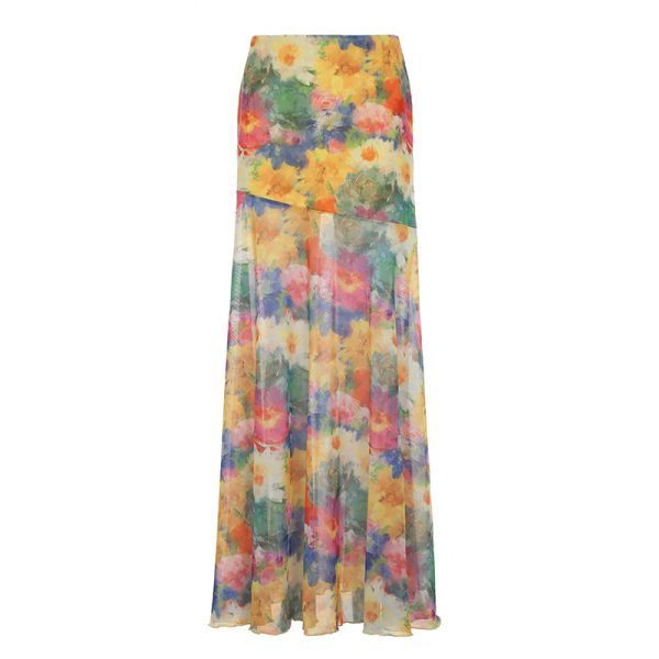 Blue Rose Printed Tulle Vintage Midi Skirt - Elegant Long Skirt for Spring - Trendy Floral Design, Perfect for 90s and Y2K Styles