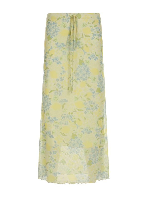 Blue Rose Printed Tulle Vintage Midi Skirt - Elegant Long Skirt for Spring - Trendy Floral Design, Perfect for 90s and Y2K Styles