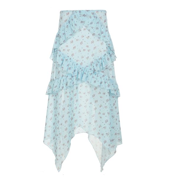 Blue Rose Printed Tulle Vintage Midi Skirt - Elegant Long Skirt for Spring - Trendy Floral Design, Perfect for 90s and Y2K Styles