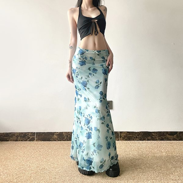 Blue Rose Printed Tulle Vintage Midi Skirt - Elegant Long Skirt for Spring - Trendy Floral Design, Perfect for 90s and Y2K Styles