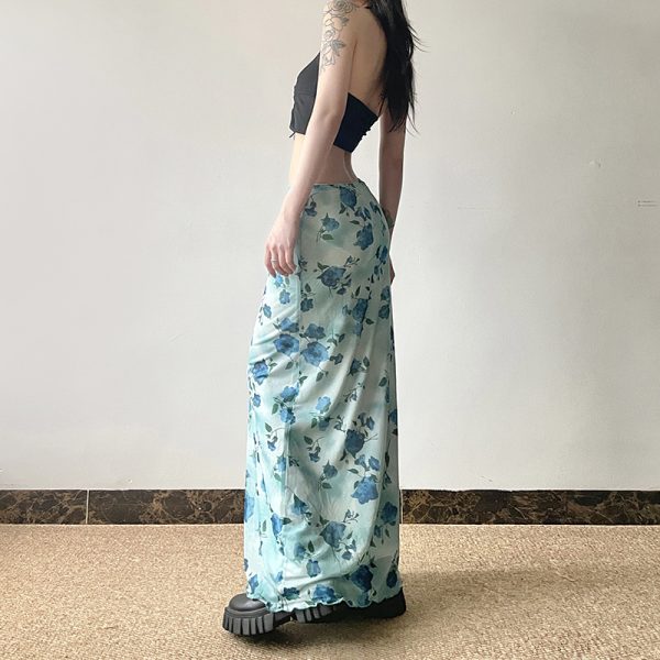 Blue Rose Printed Tulle Vintage Midi Skirt - Elegant Long Skirt for Spring - Trendy Floral Design, Perfect for 90s and Y2K Styles