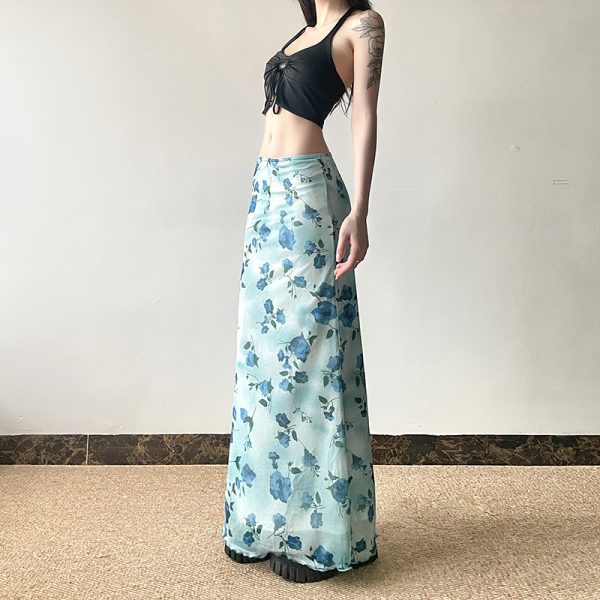 Blue Rose Printed Tulle Vintage Midi Skirt - Elegant Long Skirt for Spring - Trendy Floral Design, Perfect for 90s and Y2K Styles