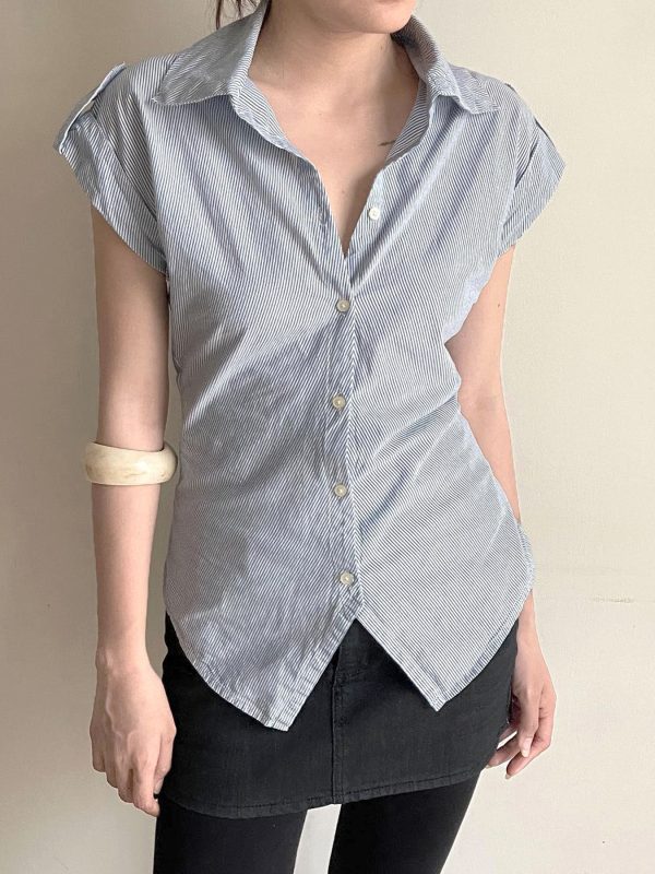 Blue Striped Short Sleeve Button-Up Cardigan Shirt for Women - Summer Waist-Defined French Style Top