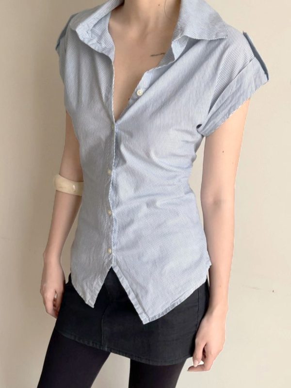 Blue Striped Short Sleeve Button-Up Cardigan Shirt for Women - Summer Waist-Defined French Style Top