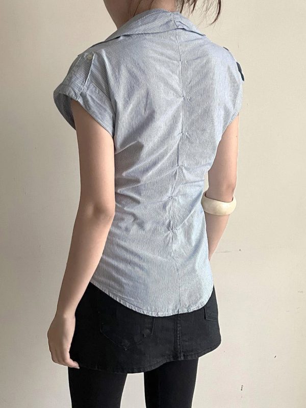 Blue Striped Short Sleeve Button-Up Cardigan Shirt for Women - Summer Waist-Defined French Style Top