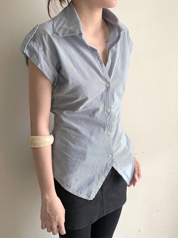 Blue Striped Short Sleeve Button-Up Cardigan Shirt for Women - Summer Waist-Defined French Style Top