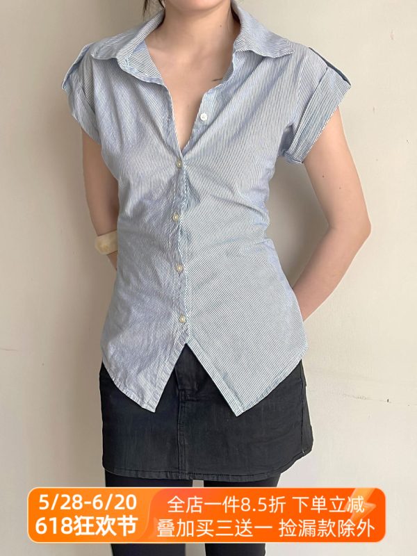 Blue Striped Short Sleeve Button-Up Cardigan Shirt for Women - Summer Waist-Defined French Style Top