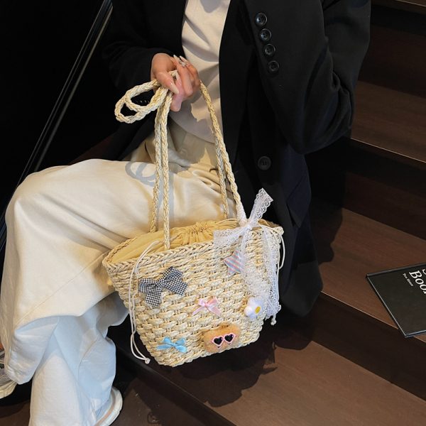 Bohemian Straw Beach Bag for Women - Woven Single-Shoulder Vacation Tote, Summer 2025 Vegetable Basket Style