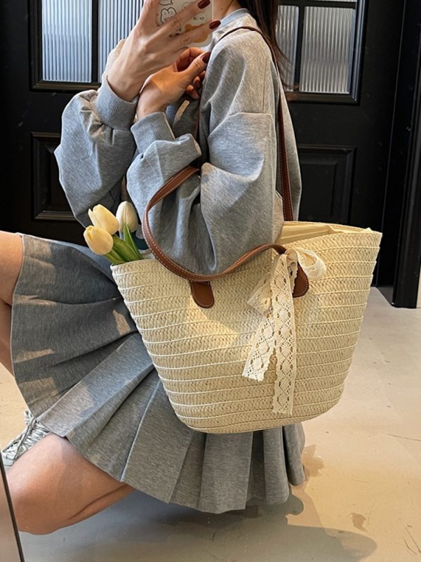 Bohemian Straw Beach Bag for Women - Woven Summer 2025 Single-Shoulder Vacation Tote, Eco-Friendly Vegetable Basket Style