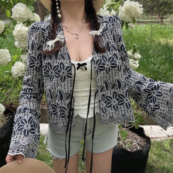 Bohemian Tie-Up Bell Sleeve Shirt Top - Handmade Cotton Vacation Top with Niche Embroidery for a Chic 90s Inspired Look