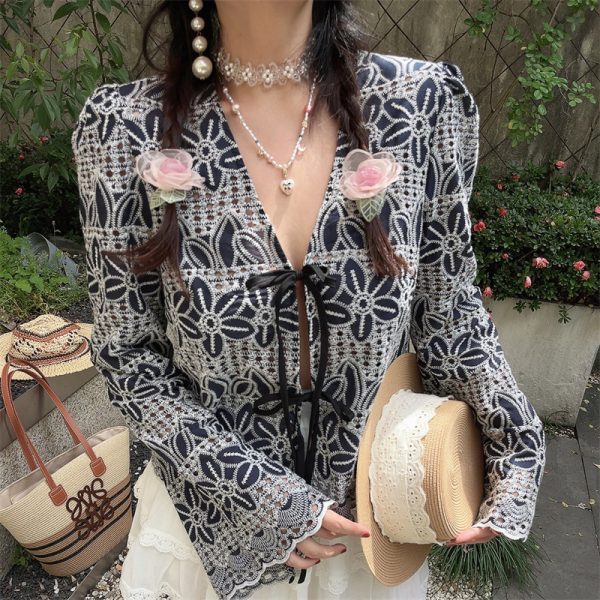 Bohemian Tie-Up Bell Sleeve Shirt Top - Handmade Cotton Vacation Top with Niche Embroidery for a Chic 90s Inspired Look