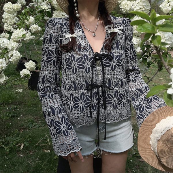 Bohemian Tie-Up Bell Sleeve Shirt Top - Handmade Cotton Vacation Top with Niche Embroidery for a Chic 90s Inspired Look