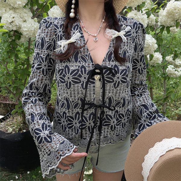 Bohemian Tie-Up Bell Sleeve Shirt Top - Handmade Cotton Vacation Top with Niche Embroidery for a Chic 90s Inspired Look