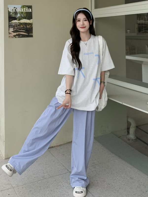 Bow Round Neck Short Sleeve T-shirt for Women - Summer Loose Versatile Sweet Top - 90s Style Sisters Design