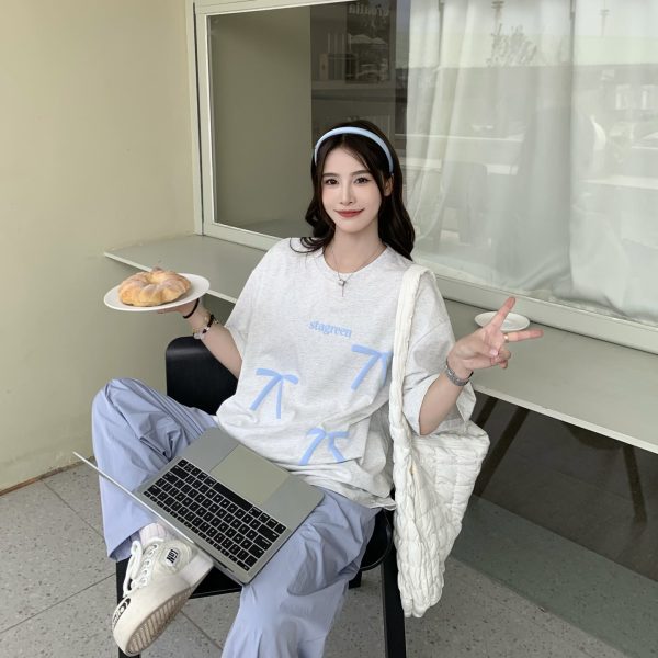 Bow Round Neck Short Sleeve T-shirt for Women - Summer Loose Versatile Sweet Top - 90s Style Sisters Design