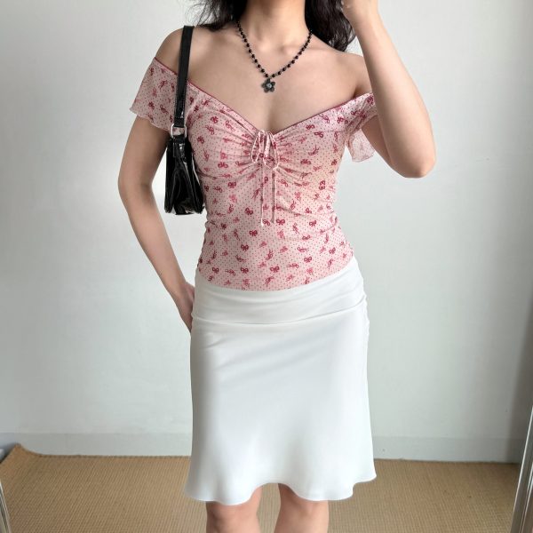 Bowknot Printed V-Neck Short Sleeve Mesh T-Shirt for Women - Slim Fit European American Style Summer Top