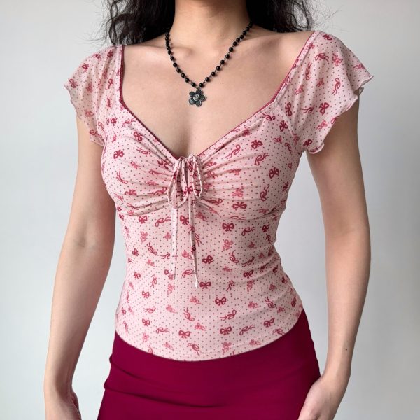 Bowknot Printed V-Neck Short Sleeve Mesh T-Shirt for Women - Slim Fit European American Style Summer Top