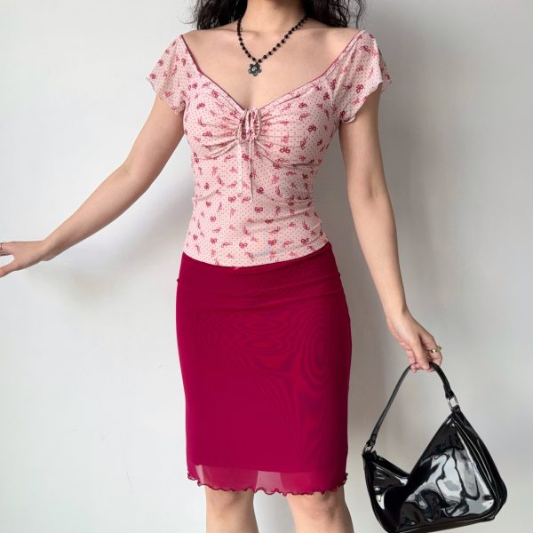 Bowknot Printed V-Neck Short Sleeve Mesh T-Shirt for Women - Slim Fit European American Style Summer Top