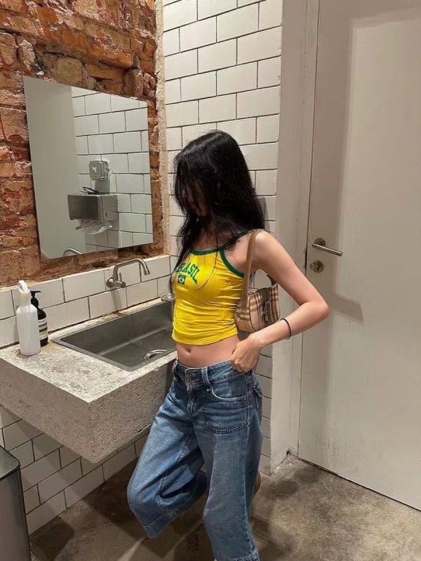 Brazilian BRASIL Letter Print Slim Fit Cropped Cami Top for Women - Spring/Summer 2025 Y2K Style