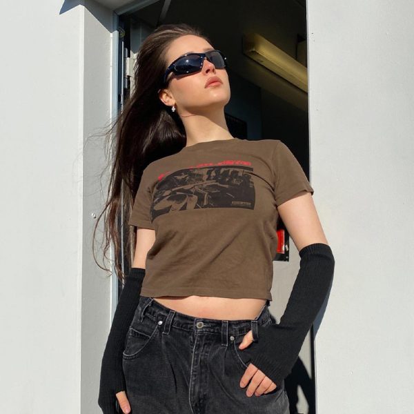 Brown Short-Sleeve Crop Top for Women - American Retro Y2K Summer Style, Euro-American ABG Hot Girl Fashion