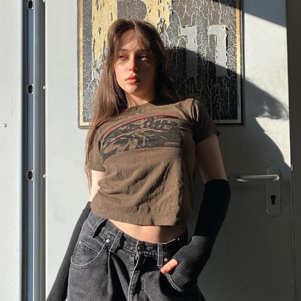 Brown Short-Sleeve Crop Top for Women - American Retro Y2K Summer Style, Euro-American ABG Hot Girl Fashion