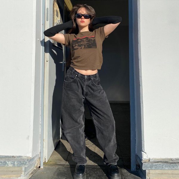 Brown Short-Sleeve Crop Top for Women - American Retro Y2K Summer Style, Euro-American ABG Hot Girl Fashion
