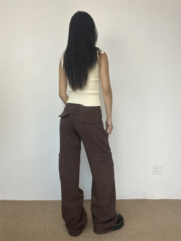 Brown Straight-Leg Floor-Length Jeans for Women - Slim Fit American High Street Style, Trendy 90s-Inspired Fashion Pants
