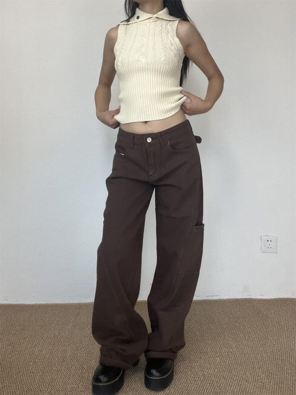 Brown Straight-Leg Floor-Length Jeans for Women - Slim Fit American High Street Style, Trendy 90s-Inspired Fashion Pants