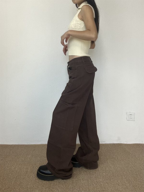 Brown Straight-Leg Floor-Length Jeans for Women - Slim Fit American High Street Style, Trendy 90s-Inspired Fashion Pants