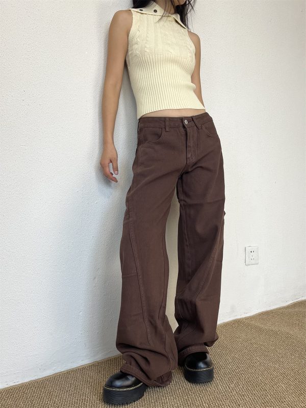 Brown Straight-Leg Floor-Length Jeans for Women - Slim Fit American High Street Style, Trendy 90s-Inspired Fashion Pants