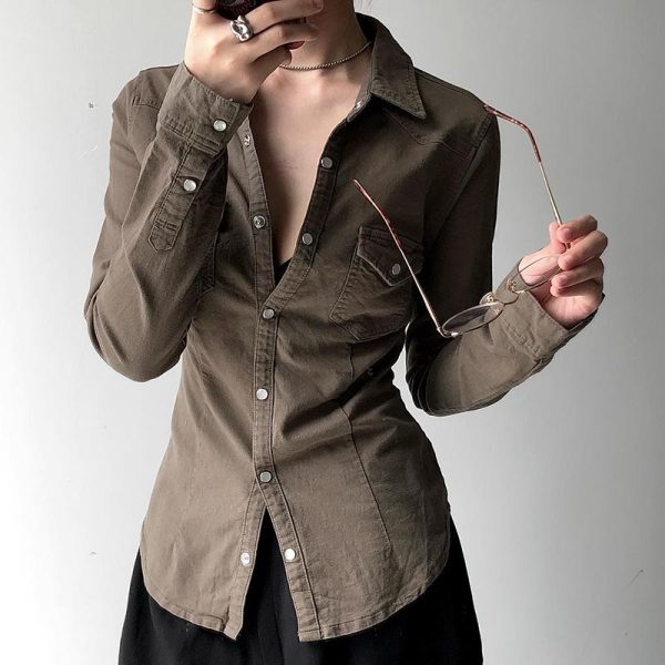 Brown Vintage Lapel Single-Breasted Long Sleeve Shirt for Women, Slim Fit, Versatile Y2K Style Top for Layering and Outerwear