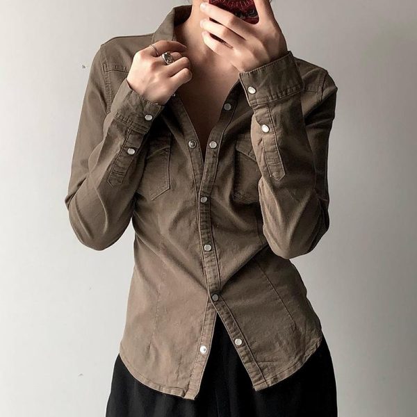 Brown Vintage Lapel Single-Breasted Long Sleeve Shirt for Women, Slim Fit, Versatile Y2K Style Top for Layering and Outerwear