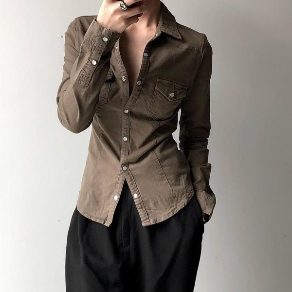 Brown Vintage Lapel Single-Breasted Long Sleeve Shirt for Women, Slim Fit, Versatile Y2K Style Top for Layering and Outerwear