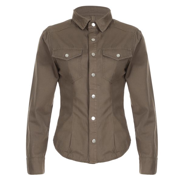 Brown Vintage Lapel Single-Breasted Long Sleeve Shirt for Women, Slim Fit, Versatile Y2K Style Top for Layering and Outerwear