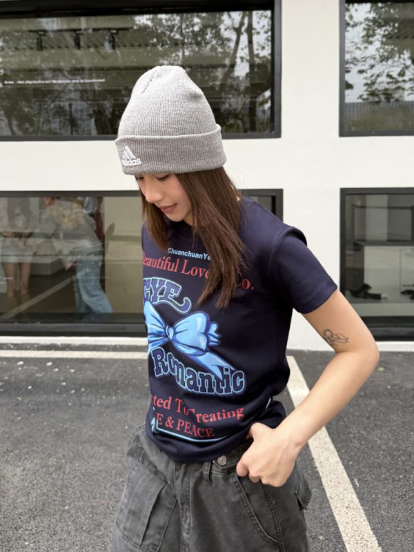 Butterfly Knot Print Short Sleeve T-Shirt for Women - American Style, Loose Fit, Casual Round Neck Top, 90s Inspired Fashion