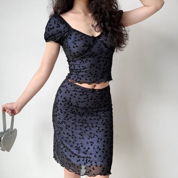 Butterfly Mesh Short Sleeve Top & Bodycon Skirt Two-Piece Set - DIY European & American Style Womenâ€™s Fashion