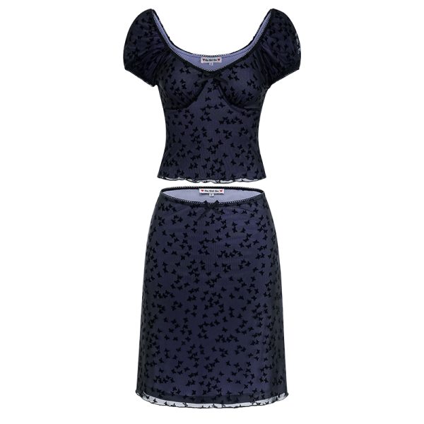 Butterfly Mesh Short Sleeve Top & Bodycon Skirt Two-Piece Set - DIY European & American Style Womenâ€™s Fashion