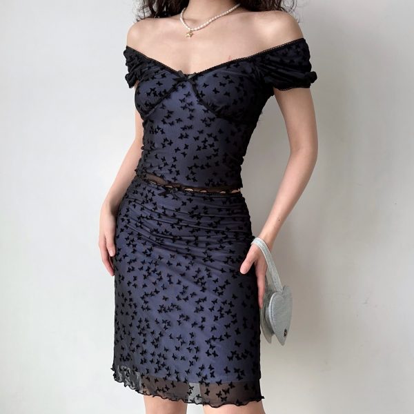 Butterfly Mesh Short Sleeve Top & Bodycon Skirt Two-Piece Set - DIY European & American Style Womenâ€™s Fashion