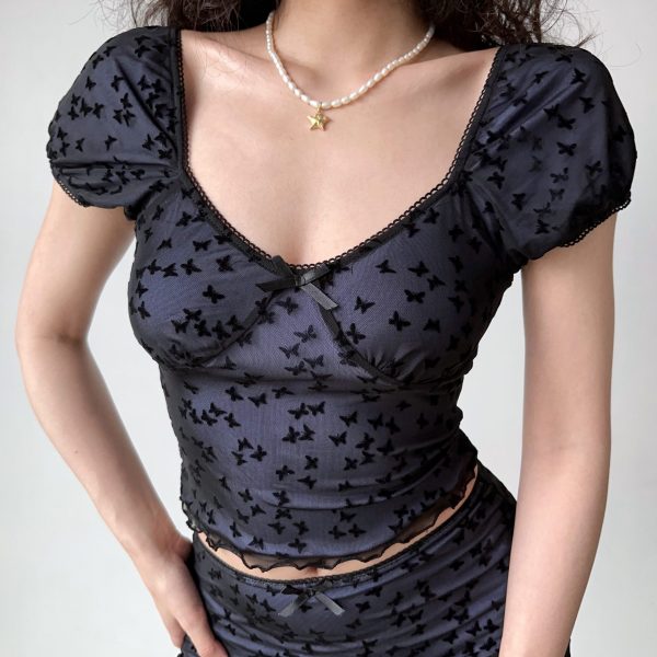 Butterfly Mesh Short Sleeve Top & Bodycon Skirt Two-Piece Set - DIY European & American Style Womenâ€™s Fashion