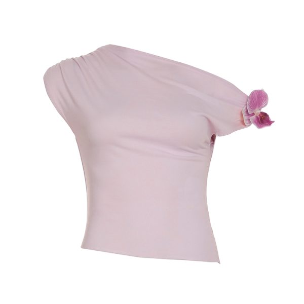 Butterfly Orchid 3D Flower Asymmetrical Off-Shoulder Top Women's Summer Waist-Defining T-Shirt - Y2K Floral Fashion